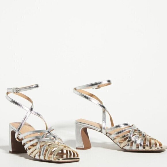Seychelles Charter Heels Strappy Sandals Size 8.5 Leather Silver - Picture 1 of 16